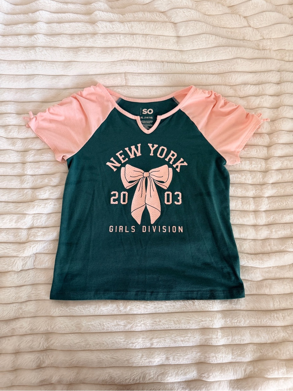SO Girls' New York Bow Raglan Tee - Pink & Dark Teal